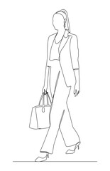 One line drawing of a stylish woman walking while carrying a handbag. An elegant female figure representing urban lifestyle, shopping and fashion trends.
