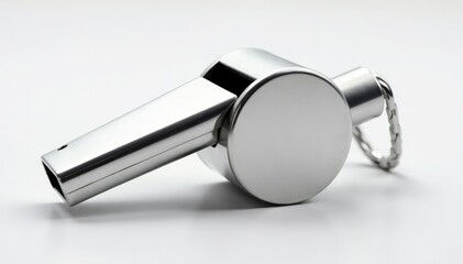 Silver metal whistle, classic design, isolated , object, equipment, metal