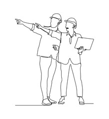 A line drawing showing two construction engineers or architects wearing safety helmets, pointing and discussing project plans at a construction site.