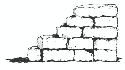 A black and white, hand-drawn illustration of a stack of bricks on a white background. A stack of bricks.	