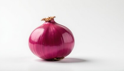 Single red onion, vibrant color, clean white backdrop, garnish, red onion