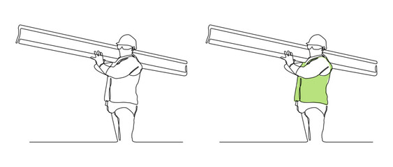 Continuous single line drawing of a construction worker carrying a steel beam on his shoulder. Includes outline and colored versions. industrial safety, construction site visuals etc.