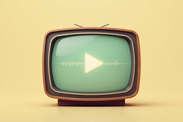 Classic retro television set with a play button on screen in a minimalistic setting
