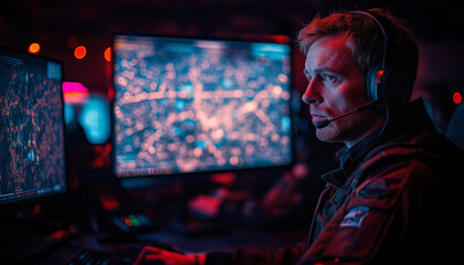 AI generator image of military personnel Currently operating in the closed-circuit control room and various systems. Military personnel in a high tech command center monitor satellite feeds