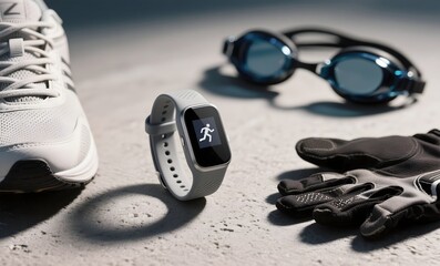 Multi-Sport Fitness Tracking Essentials with White Tracker, Running Shoe, Blue Swimming Goggles and Cycling Gloves