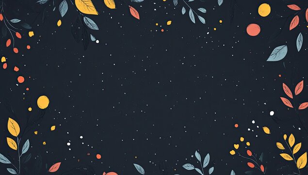 Dark background with colorful floral illustrations, including leaves and small circles.  Delicate,  minimalist design
