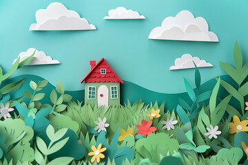 A Colorful Paper-Cut Landscape with a Cozy Red-Roof House, Vibrant Flowers, and a Blue Sky.