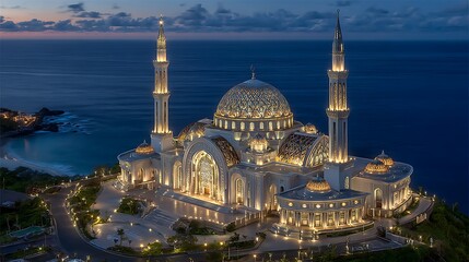 Fototapeta premium Majestic Beach Mosque at Dusk with Lombok, and Indonesia.