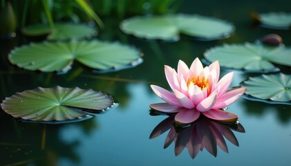 Water lilies and lotus blossoms float on a calm lake, creating a floral pattern , peaceful, aquatic