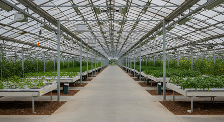 Rows of Lush Green Plants in Modern Greenhouse