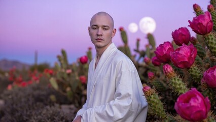 A man in a white robe sits in a field of pink flowers