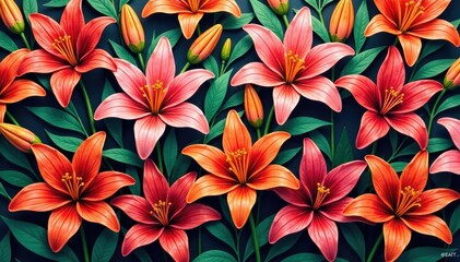 Vibrant hand-painted lilies, dense, colorful repeating design, textile, illustration