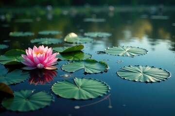 Water lilies form intricate floral pattern on serene lake surface, aquatic, flower