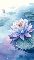 Serene Watercolor Painting of a Blue and Purple Water Lily