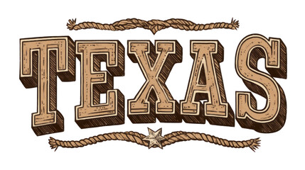 Rustic hand-drawn &ldquo;TEXAS&rdquo; text illustration in bold Western-style typography, framed with rope and star elements, evoking cowboy culture. ai generative
