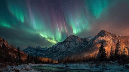 Northern lights dance across night sky, illuminating snow-covered landscape. Aurora borealis, vibrant green hues, over mountains, serene environment, peaceful atmosphere. Celestial display of space
