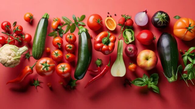 Fresh vegetables and fruits flying into the air on a red background