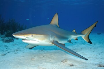 Obraz premium Caribbean Reef Shark Swimming Underwater Close Up View in Turquoise Water Bahamas Predator Marine Life