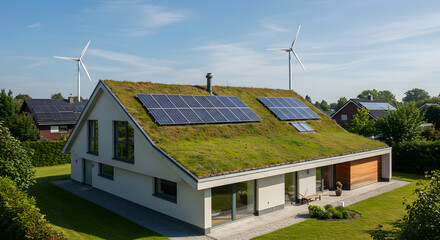 Sustainable Home with Green Roof, Solar Panels, and Wind Turbines
