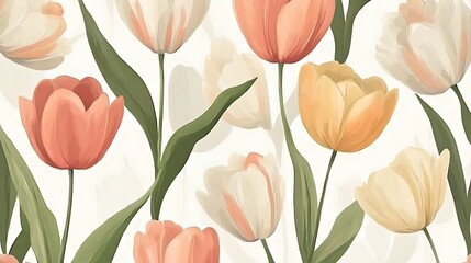Obraz premium Digital illustration of tulips in various shades of peach, cream, and green on a white background.