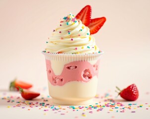 Colorful dessert with creamy swirl and fresh strawberries on a light background