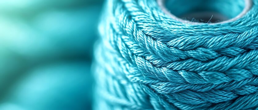 Teal thread spool close-up. Craft background