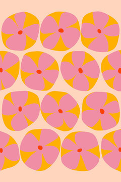 Bright pattern flowers illustration. Pink and yellow flowers art