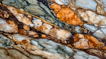 Detailed Close-Up of Onyx Surface with Warm Brown, White, Gray, Gold, and Black Natural Patterns. A high-resolution close-up photograph of an onyx stone surface showcasing intricate natural patterns a