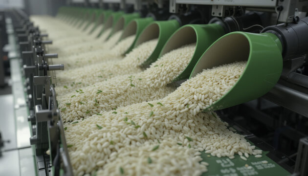 modern rice processing plant features green chutes efficiently dispensing rice grains onto conveyor belt, showcasing advanced agricultural technology in clean, industrial setting