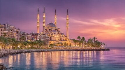Obraz premium Majestic Sunset at the Coastal Mosque with Antalya.