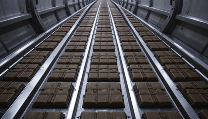 futuristic conveyor belt transports rows of chocolate bars through sleek, metallic tunnel, creating sense of endless production and efficiency