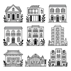 Fototapeta premium Stylish Line-Art Houses with Botanical Accents – Modern Villas & Apartments Pack