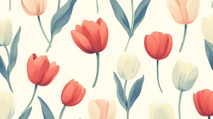 Digital illustration of stylized red and white tulips against a pale background.