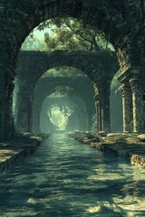 Mystical Green Ruins Ancient Stone Archway with Water Pathway