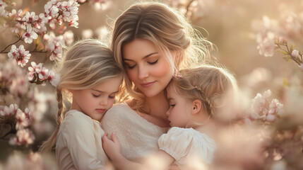 Obraz premium a mom hugging her kid outdoors with soft pastel clothing and spring flowers in the background