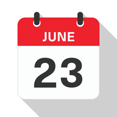 June 23 Daily Calendar. Red Theme on White Background