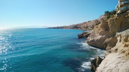 Fototapeta premium Sunny coastal scene, clear blue water, rocky cliffs, buildings along the shore