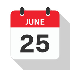 June 25 Daily Calendar. Red Theme on White Background
