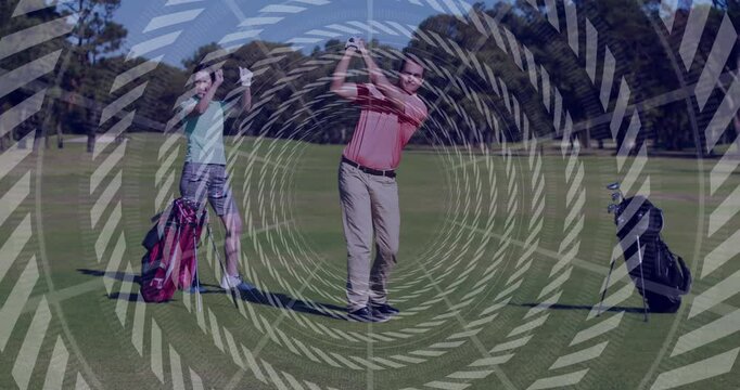 Male golfer swinging club while woman watching on fairway, with animated finance graph overlay
