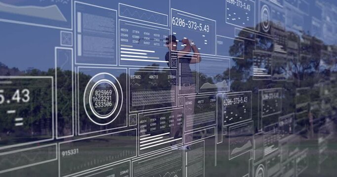 Golfer swinging club on fairway, showcasing technology with floating data panels and graphs - Powered by Adobe