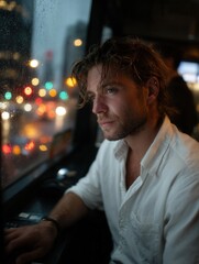 Pensive man sitting by rainy city window at night, using laptop in urban transit or cafe environment