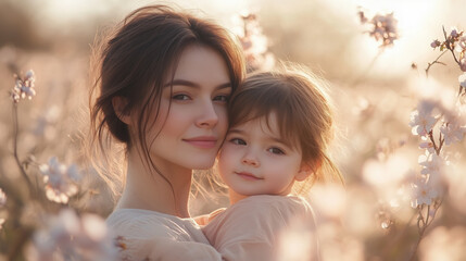 Obraz premium a mom hugging her kid outdoors with soft pastel clothing and spring flowers in the background