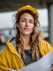 Confident female construction worker wearing yellow safety helmet and jacket outdoors