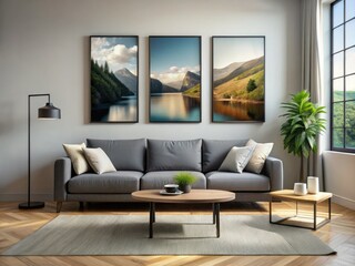 Fototapeta premium Minimalist Wall Art Mockup: Three Black Framed Canvas Prints in Modern Living Room