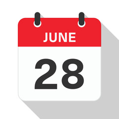 Fototapeta premium June 28 Daily Calendar. Red Theme on White Background