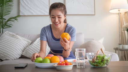 Smiling woman picking up a fresh orange from a bowl, ready to enjoy a healthy snack in her living...
