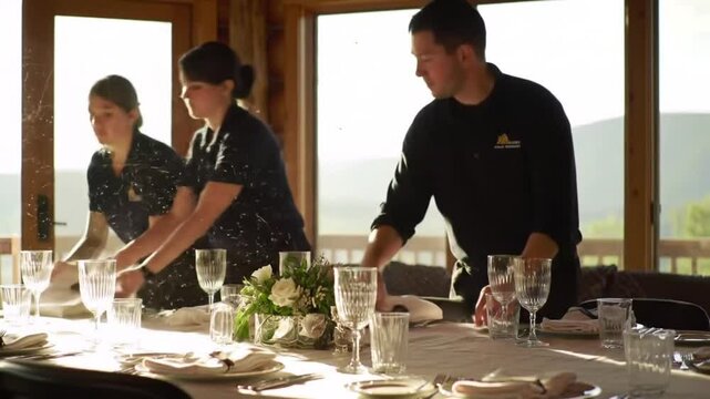Catering service staff is arranging a table in a rental mountain house for an upcoming event