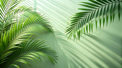 Fresh green palm leaves cast shadows against a muted green background