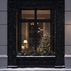 A cozy winter interior is complemented by a festive window view, a snow-covered window, and a warm fireplace scene