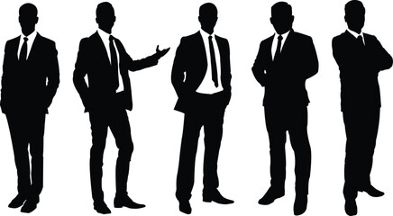 Businessman in different Action Silhouettes Vector Set in Black and White